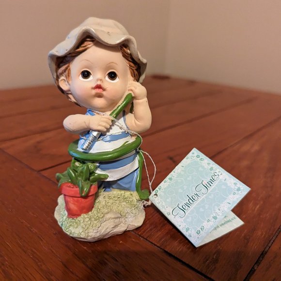 Tender Times Figurine Greenbrier International Boy w/Garden Hose Watering Plants - Picture 1 of 8